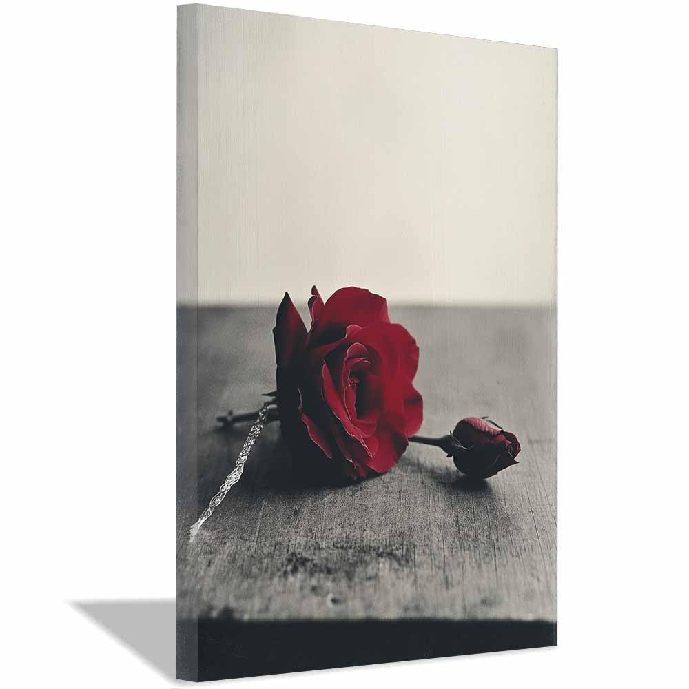 WUFIEA Lienzo con pintura botánica para pared Rosa roja caída minimalista arte de pared decoración de habitación del hogar（rosa magenta-70x100cm Enmarcado