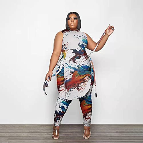 Women Plus Size 2 Piece Outfits Jumpsuit Camouflage Print Sleeveless Slit Tunic Tops Pant Set2