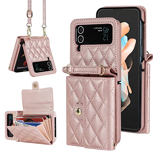 XNXCEVI Crossbody Wallet Case for Samsung Galaxy Z Flip 3 with Card Slot, Magnetic Flip Case PU Leather Handbag with Detachable Lanyard and Kickstand for Galaxy Z Flip3 5G (Rose Gold)