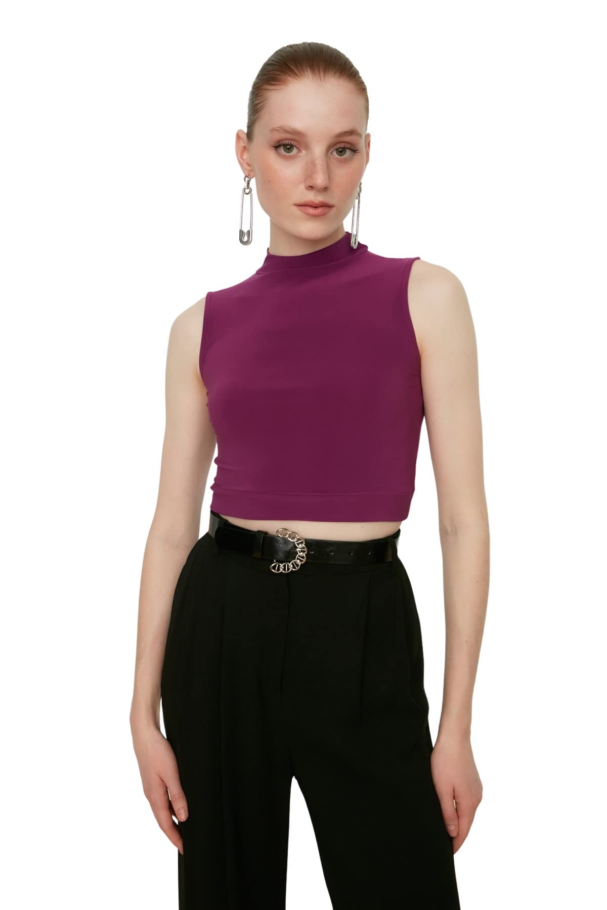 Trendyol Damen Violett Regular Standard Stehkragen Strickbluse Hemd, Xs Eu