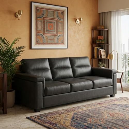 Image of FURNY Parker 3 Seater Fabric Sofa Set with Leatherette Finish | Durable Comfort | Ideal for Living Room | Modern Design (Black Leatherette)