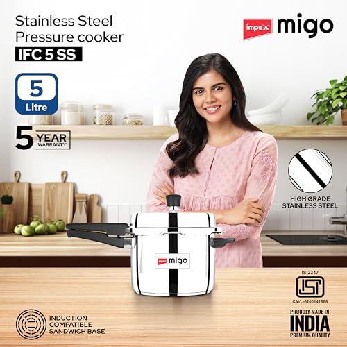 Image of Impex 5 Litre Stainless Steel Pressure Cooker | Outer Lid Induction Base Pressure Cooker | Induction and Gas Stove Competable | ISI Certified | 5 Year Warranty