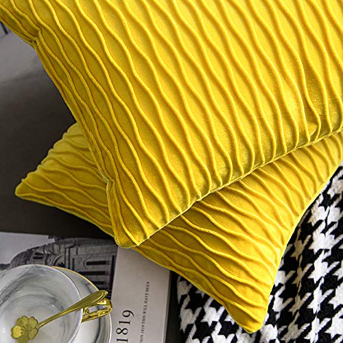 Mustard Yellow Couch Pillow Covers: 2 Pack 12x20 Inch Original Striped Velvet Rectangular Throw Pillow Cases for Farmhouse Home Decor