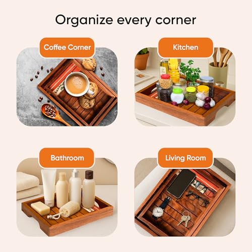 Image of AAKRITI ART CREATIONS Wooden Tray Set of 2 | Hand-painted Madhubani Floral Art Serving Trays | Wooden Trays & Platters with Handle | Acacia Wooden Trays For Kitchen | Multipurpose Home Decorative Serving Trays | Home & Kitchen Decoration Items | Trays For Dining Table & Kitchen Organizer