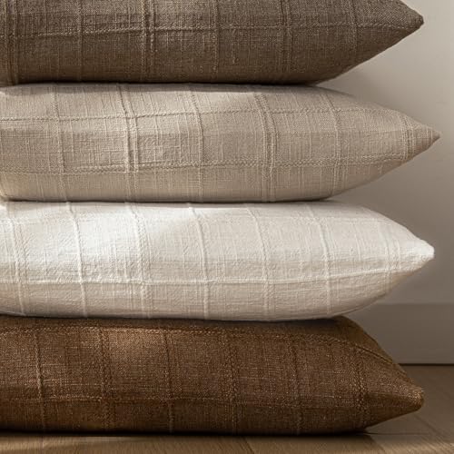 Image of Foindtower Set of 1 Decorative Linen Check Throw Pillow Cover Neutral Farmhouse Vintage Cushion Cover Modern Boho Home Decor for Sofa Chair Couch Bedroom Living Room,22x22 Inch,Cream White
