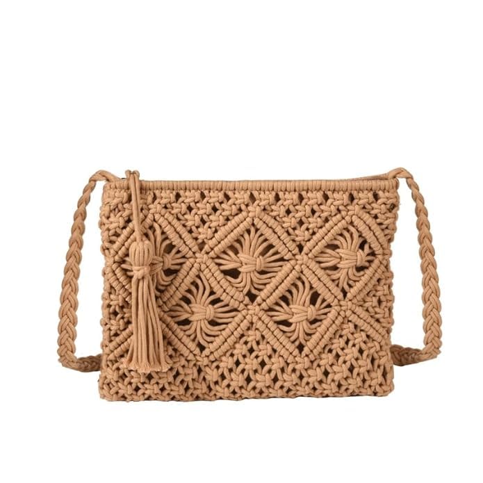 Handmade Boho Macrame Crossbody Sling Bag for Women, Natural Cotton Handwoven Mini Purse, Beige Macrame Sling Bag for Women SIZE 25x20 cm drop Handle 55 CM
