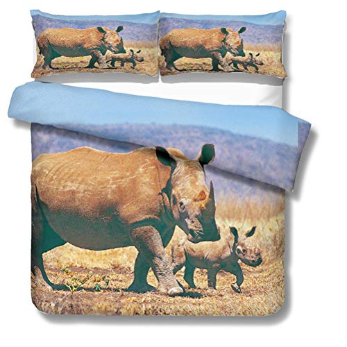 MIUNNG Mode Animal Multicolore imprimée Housse de Couettes Sauvage Prairies Éléphant Cheval Rhinocéros Dauphin Garçon Étudiant Parure de Lit Pas de Remplissage (Rhinocéros, 220x240cm) Cover