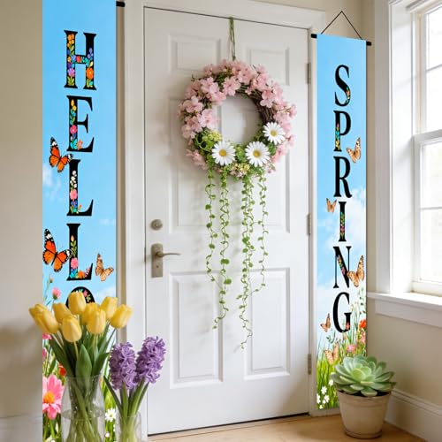 Image of Nuxovilar Hello Spring Butterfly Porch Banners 12x70 Inches Polyester
