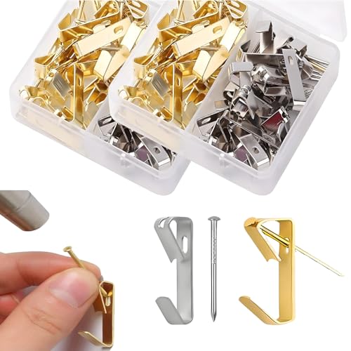 Set di 40 kit per appendere immagini con scatola portaoggetti, chiodi in ferro, chiodi in ferro per foto, cornici e decorazioni (oro+argento 1)