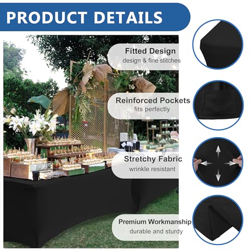 Table Cloths for 6 Foot Rectangle Tables-8 Pack Black Fitted Stretch Table Cover-Spandex Elastic 6ft Folding Tablecloth for Party Vendor Booth Display Banquet Buffet Event Craft Trade Show - Image 3