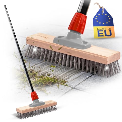 Novaliv Robuster Drahtbesen mit Stiel Basic Stahlbesen mit 4tlg Stiel Effiziente Moosentfernung Drahtbürste für Pflastersteine & Garten Stahldrahtbesen Mooskratzer Pizzabesen Pizzastein Bürste