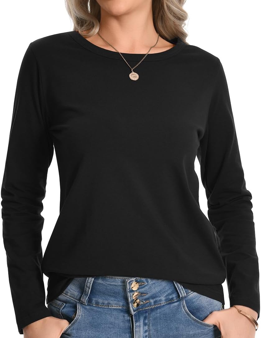 Womens Long Sleeve Shirts Crew Neck Basic Tee Trendy Cotton Tops Athletic Yoga Workout T Shirts - Image 2