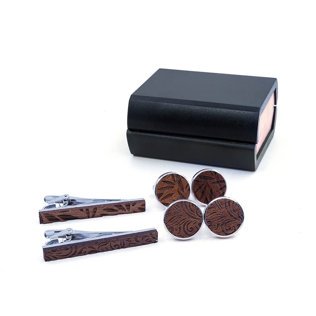 Manschettenknöpfe, Krawattenklammer-Set, Herren, Vintage-Stil, Holz, Geschenk, Bar, Bräutigam, Hochzeit, Geschäft, Krawattennadel aus Holz (Farbe: A, Größe (B, wie das Bild zeigt))