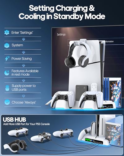 PS5/ Slim/Pro Stand for Disc & Digital Console, PS5 Cooling Station with Dual Controller Charging Station for PlayStation 5 Console, 3-Level Fan PlayStation 5 Controller Charger Accessories Stand - Image 7