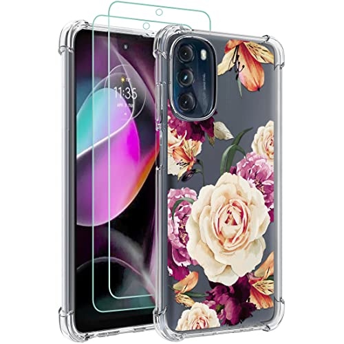 Osophter for Moto G 5G 2022 Case Flower Floral for Girls Women with Screen Protector Shock-Absorption Flexible TPU Rubber Phone Cover for Motorola Moto G 5G 2022(Purple Flower)