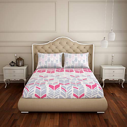 Image of Spaces Atrium Plus 210 TC 100% Cotton Queen Size Fitted Double Bedsheet with 2 Pillow Covers (Geometric, 60 inch X 78 inch Inches ) - Pink