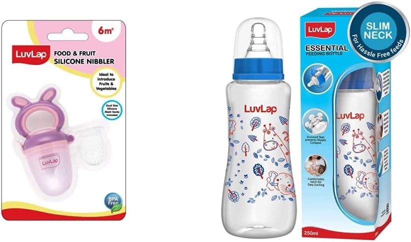 Bunny Food & Fruit Nibbler & Luvlap Anti-Colic Slim Regular BPA-Free Neck Essential Baby Silicone Feeding Bottle, 250Ml, Blue