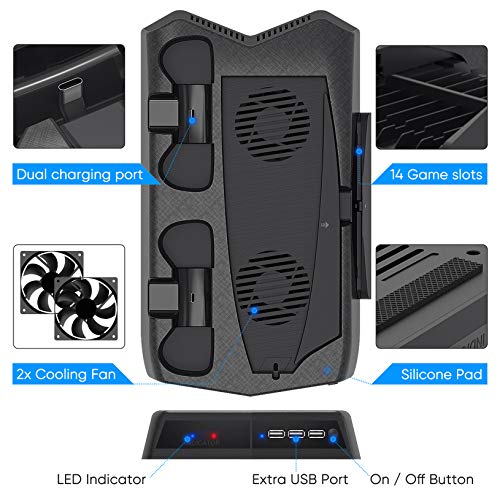 Vertical Stand with Cooling Fan for PS5 Console and PS5 Digital Edition, YUANHOT Charging Station Dock with Dual Controller Charger Ports and Retractable Game Storage for PS5 and DualSense - Black - Thumbnail 3