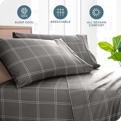 Image of Bare Home Microfiber Pillow Cases - King Size Set of 2 - Cooling Pillowcases - Double Brushed - Pillowcases 2 Pack - Easy Care (King, Modern Plaid - Grey /White)