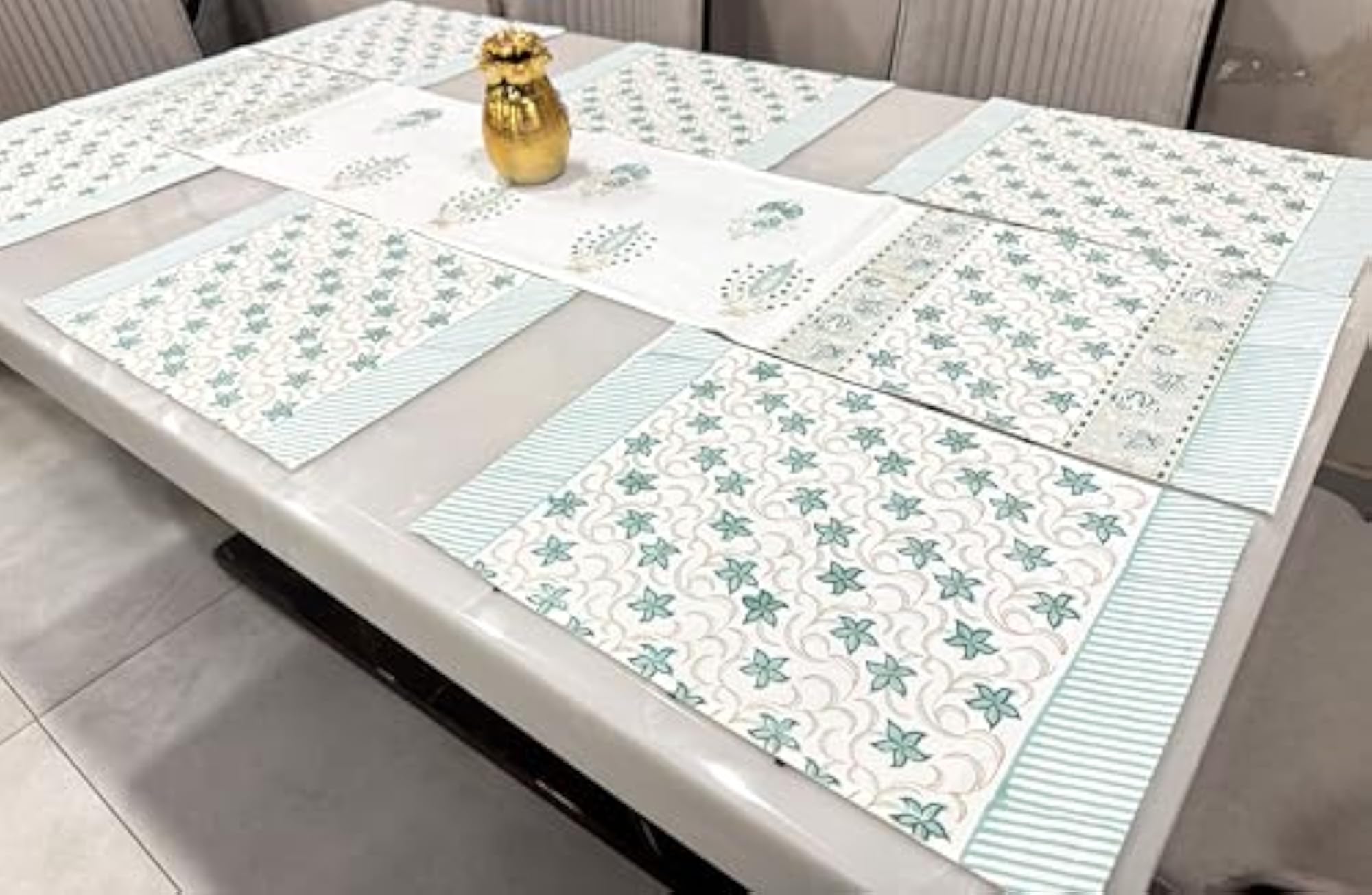 Aqua Blossom Jaipuri Handblock Table Runner Set