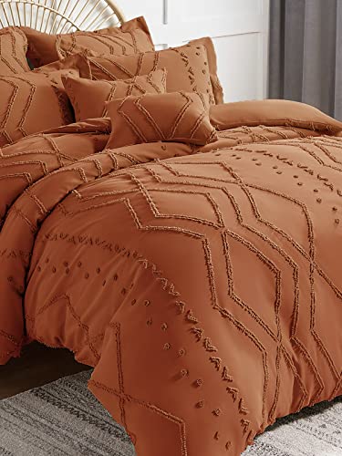 Gemarwel Burnt Orange Duvet Cover King Boho- King Size Jacquard Tufted Geo Bedding Set, 3 Pcs Farmhouse All Season Textured Chic Duvet Cover with 2 Pillow Shams (Burnt Orange, 104 x 90)