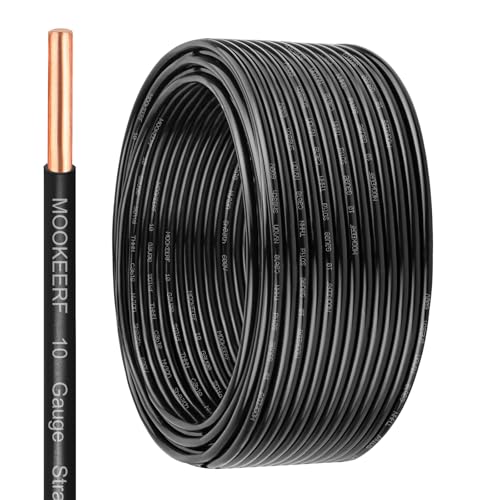 MOOKEERF THHN Wire 10 Gauge 50FT - OFC Solid Copper 10 AWG Electrical Building Wire 600V with Nylon Jacket and PVC Insulation for Residential Ground Industrial CNC Panel Wiring - Black