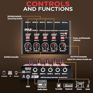 Pyle 4-Channel Bluetooth Mini Line Mixer with USB Audio Interface - 4 Mono/Stereo Switching Inputs | Ultra-low Noise Design with High Headroom | Built-in USB-C Sound Card - PMAX4
