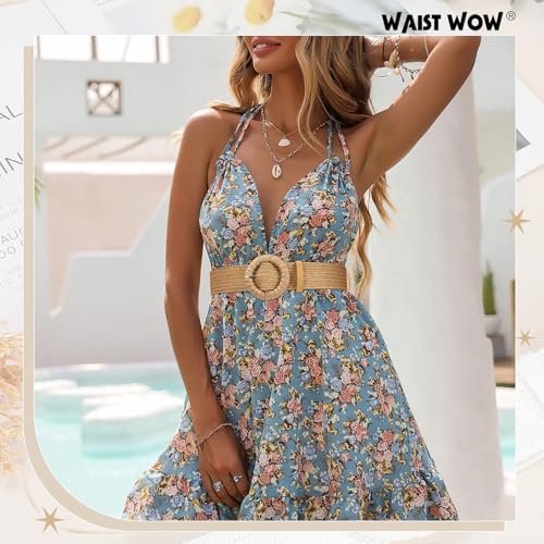 Image of Straw Woven Elastic Belt for Women Stretchy Belts for Dress Fashion Boho Waist Belt Rattan Raffia Ladies Belts