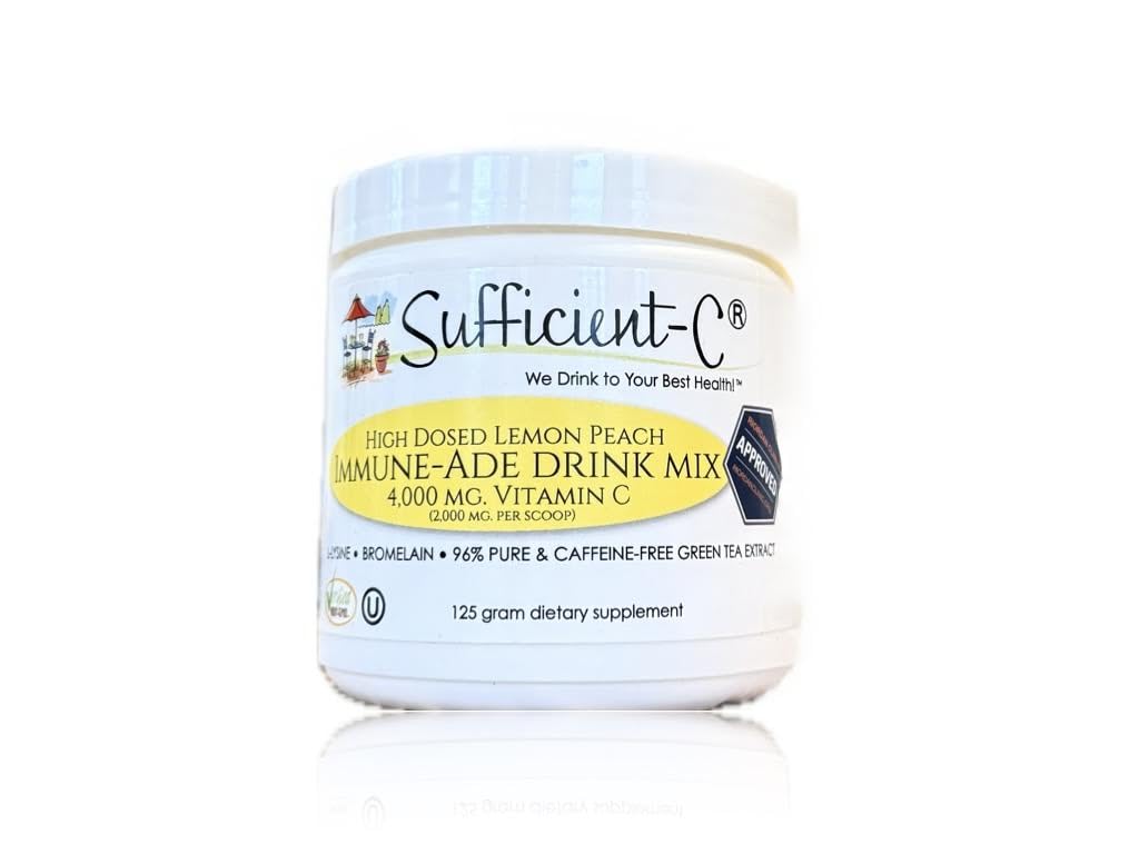 Sufficient-C High Dose Non-GMO Vitamin C Lemon Peach Immune-Ade Drink Mix, Convenient 125 Gram Size w/L-lysine, Bromelain & a Premium 96% Pure Green Tea Extract - Stomach Friendly, Adrenal Supportive
