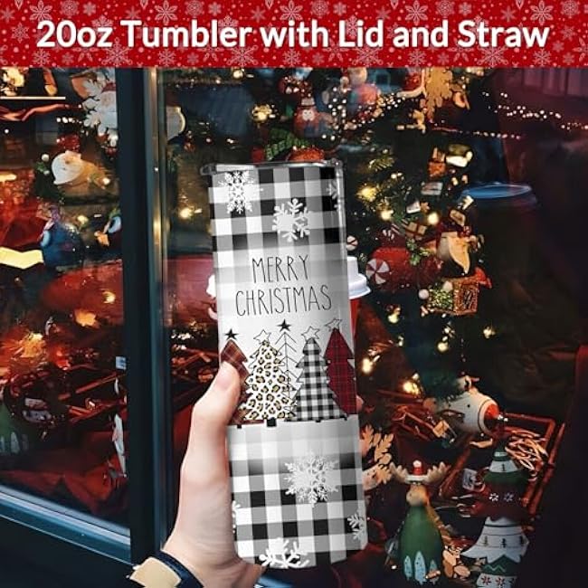 20 oz Christmas Skinny Tumblers with Lid and Straw, Buffalo Christmas Tree Stainless Steel Vacuum Insulated Travel Coffee Mug Cup Water Bottle, Christmas Decor Stuff Accessories Gifts for Women