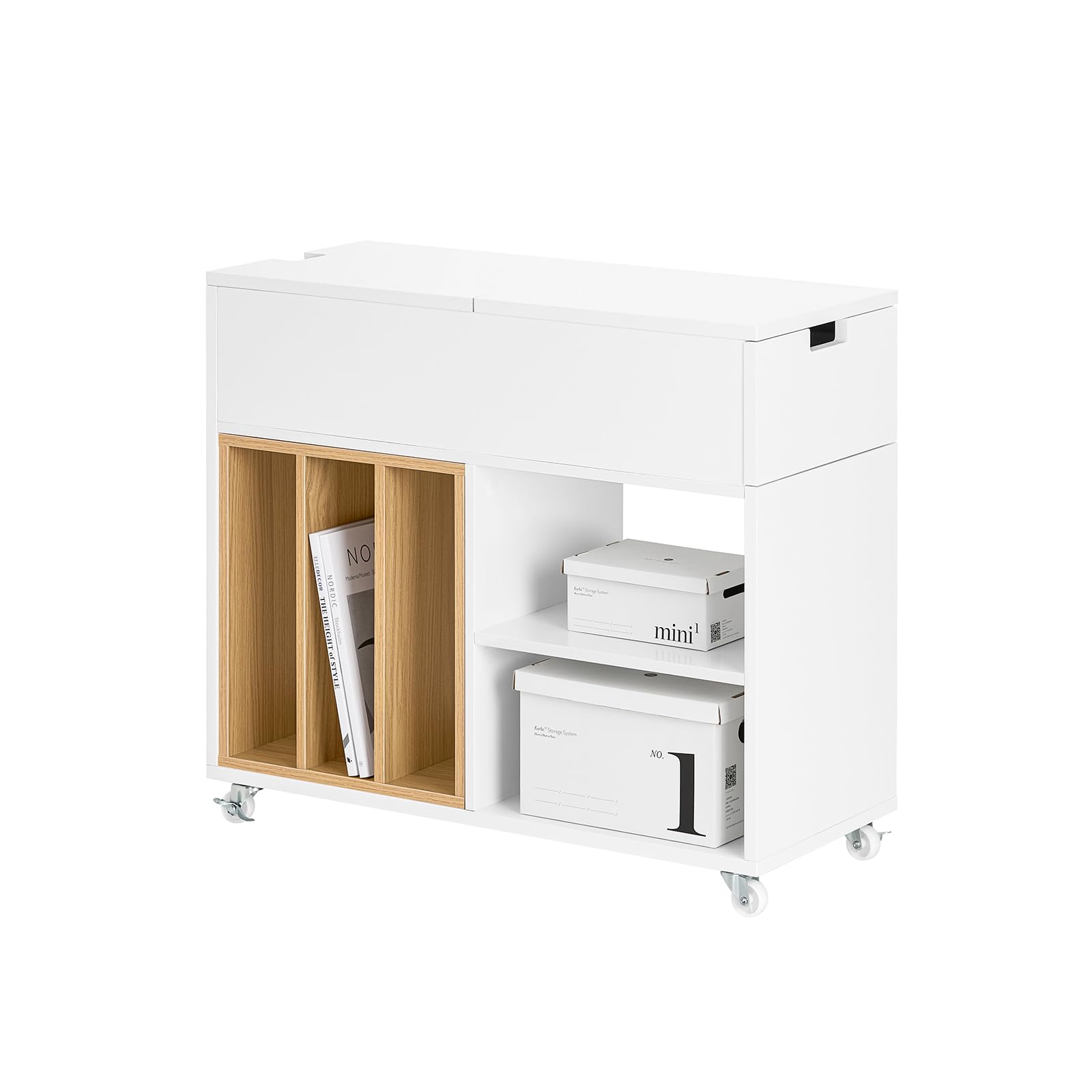 SoBuy Beistelltisch mit Rollen & Stauraum – Multifunktionaler Sofa- & Nachttisch mit Klappplatte, Schublade & Herausnehmbarem Fach, B30 x T61 x H70 cm, FBT134-W