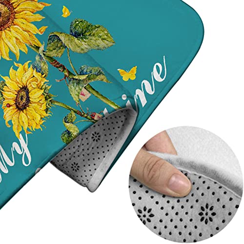 Badezimmerteppich-Set, 3-teilig, You Are My Sunshine, Sonnenblume und Schmetterling, Blaugrün, waschbarer Badvorleger, rutschfest, mit Rückenpolster, Konturteppich und Toilettendeckelbezug – Bild 5