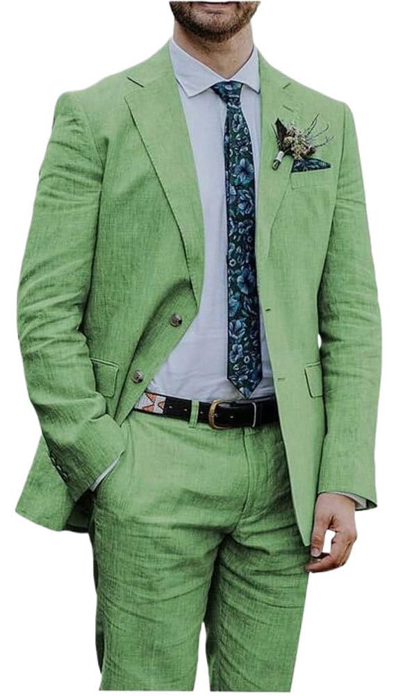 Botong Linen Suit for Men 2 PC Notch Lapel Summer Wedding Tuxedos Lightweight Prom Party Suit Sage 40 Chest / 34 Waist