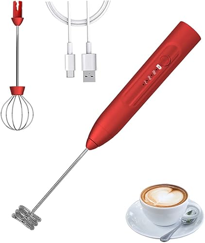 Qweeon Espumador de leche de mano, espumador de café recargable, mezclador de bebidas de 3 velocidades con 2 batidores de acero inoxidable para