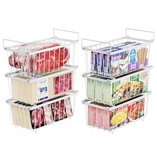 iSPECLE Chest Freezer Baskets - 6 Pack Stackable Organiser for 198L Deep Freezer, Easy Sort and Get Food with Handles, Add Space and Allow Air Circulation for Better Freshness, White