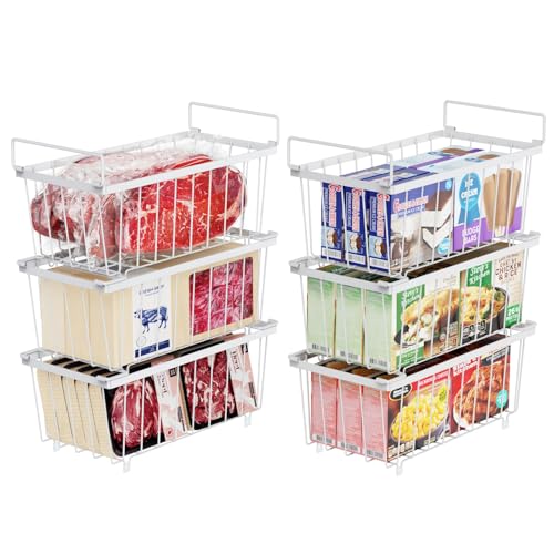 iSPECLE Chest Freezer Baskets - 6 Pack Stackable Organiser for 198L Deep Freezer, Easy Sort and Get Food with Handles, Add Space and Allow Air Circulation for Better Freshness, White