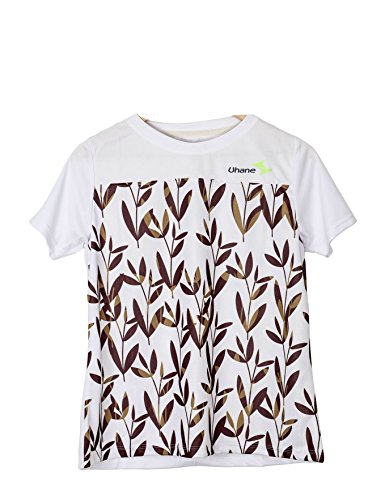 Image of Uhane Dry-Fit Work-Out Round Neck T-Shirt (White & Brown) Leaf Design Printed Loose Fit Women's Gym T-Shirt with Short Sleeves Breathable Material for Sports, Workout, and Fitness