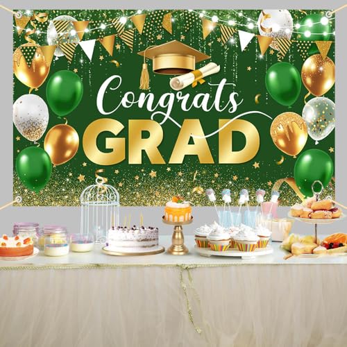 Image of AIBIIN 7x5ft Graduation Decorations 2026 Congrats Grad Backdrop Green Gold Glitter Balloons Congratulations Graduation Party Decorations Background for Photography Party Supplies