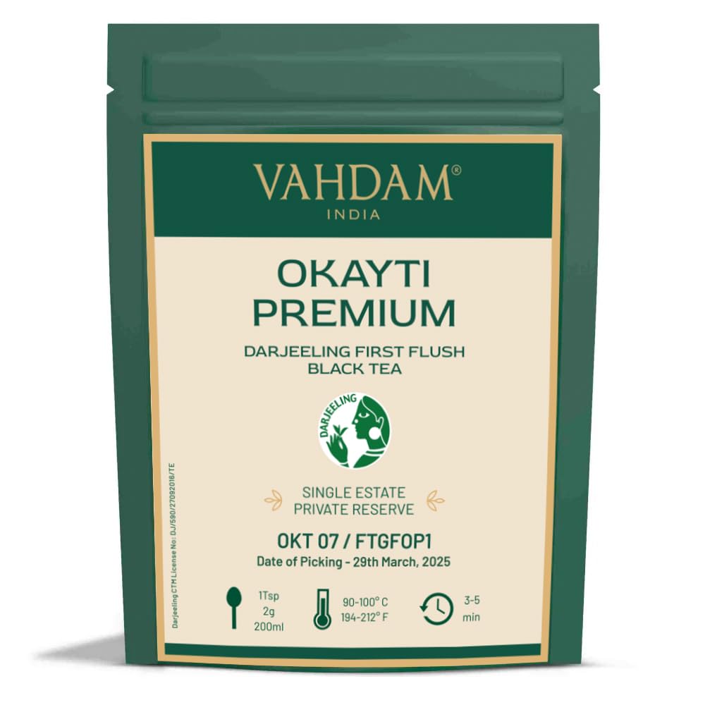 VAHDAM, Okayti Premium Darjeeling First Flush Black Tea 2025 (3.53oz/100g) Exclusive Hand Picked Black Loose-Leaf Tea | Fresh Harvest | Brews 50+ Cups