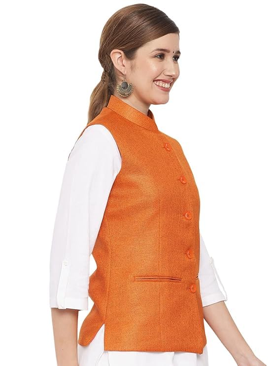 Image of Vastraa Fusion Solid Indian Traditional Ethnic Waistcoat Festive Woolen Nehru Jacket for Women