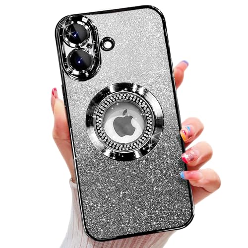 Image of Misscase for iPhone 16 Magnetic Glitter Case Compatible with MagSafe,Full Protection Slim Shockproof Anti-Scratch Case with Camera Lens Protector Logo View Dust-Proof Net for Women Black