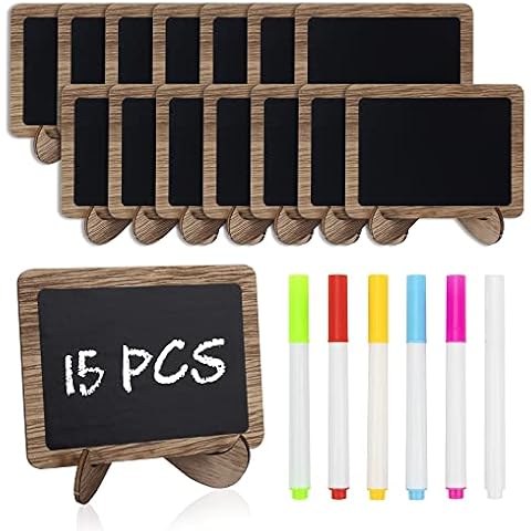 Temlum 15 Pcs Mini Chalkboard Sign with 6 Color Chalk Markers, 2.9″ x 3.9″ Wooden Blackboard Reusable Small Chalkboards for Food, Buffet, Message Board, Table Number (Rustic Brown) Cover