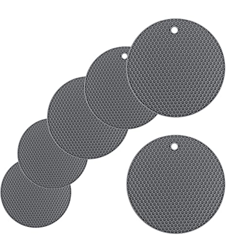 Salvamanteles Redondode Silicona, 6 Piezas Alfombrilla De Silicona para Trivet, Sostenedor De Pote De Silicona, Antideslizante y Resistente Al Calor hasta 250 °C, para Cocina, 3 Tamaños (Gris)