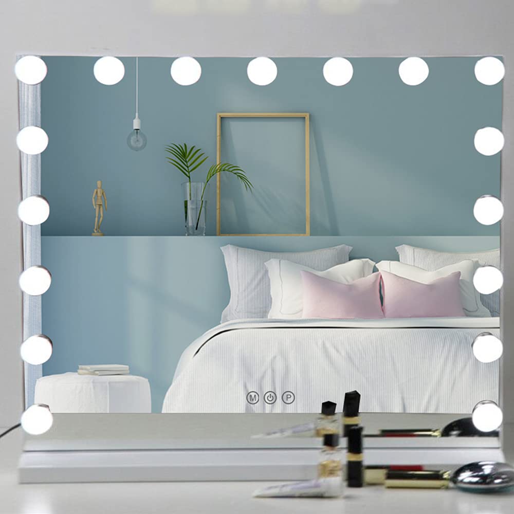 Hollywood Vanity Mirror with Lights, Makeup Mirror with 17 LED Bulbs, 3 Lighting Models, Tabletop or Wall-Mounted Mirror for Dressing Table, White, 60CM x 50CM