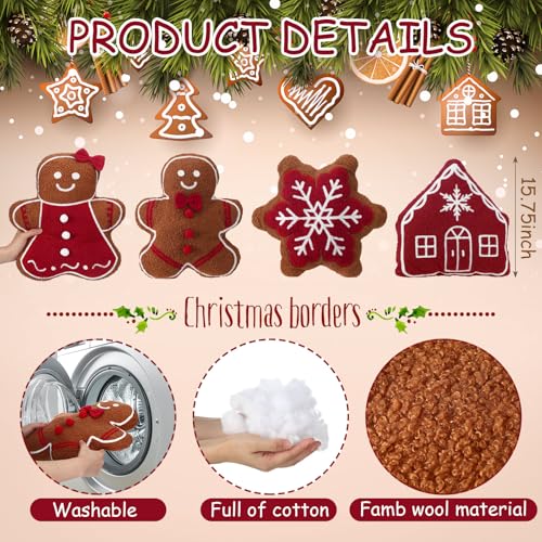 Image of HunnmingRe 4 Pcs Christmas Throw Pillows Fall Football Plush Pillows Winter Holiday Cushion Soft Decorative Cushions for Couch Bedroom Living Room Thanksgiving Xmas Decor(Red,Gingerbread)
