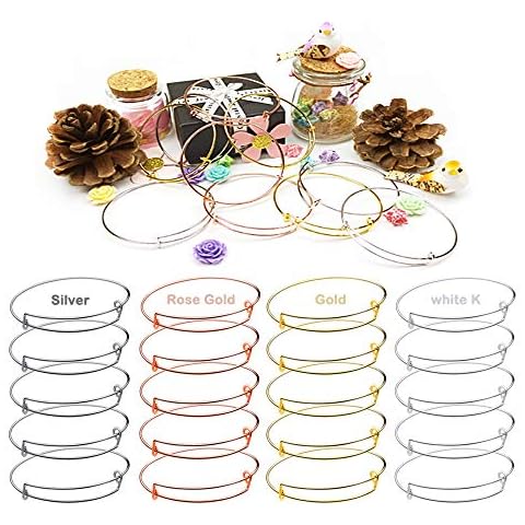 20 PCS Expandable Bangle Bracelet, Adjustable Wire Blank Bracelet Expandable Bangle for DIY Jewelry Making, White K, Silver, Gold and Rose Gold Cover