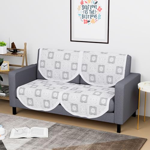 Image of Kuber Industries (Set of 4) Stylish & Durable Cotton Sofa Covers 2 Seater | Washable Sofa Protector /Mat & Slipcover for Hall, Living Room & Office | Square Flower - White