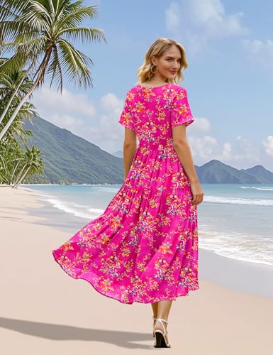 Image of YESNO Women's Summer Maxi Dresses Casual Floral Short Sleeve V Neck Boho Beach Vacation Swing Dress with Pockets EVF