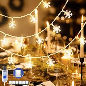KPCB Weihnachtsbeleuchtung Weihnachtsdeko 5.9m 50 LED Schneeflocke USB betrieben (Warmes Gelb)