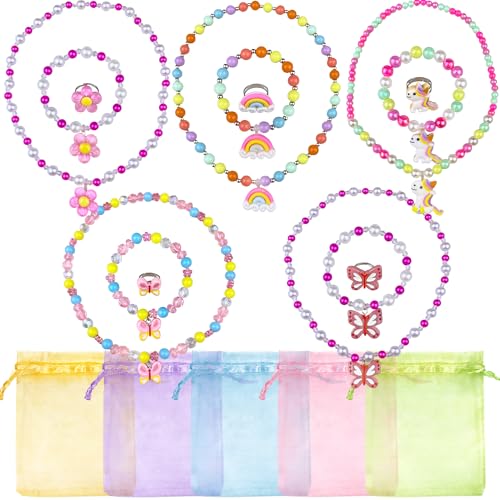 XIPEGPA 5 Sets Girl Princess Necklace Bracelet Ring Kids Stretchy Jewelry Gift Butterfly Rainbow Flower Favors Dress up Jewelry for Little Girl Toddler(with Gift bags)